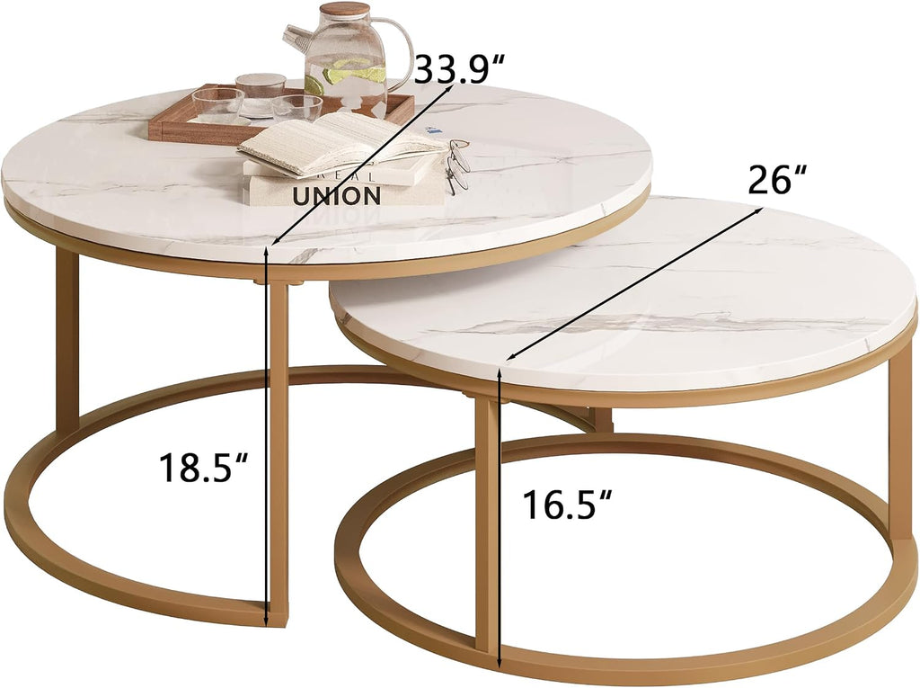 WiberWi Round Coffee Table Nesting Tables Set of 2, Large : Ø 34.0', Small : Ø 26.0', Modern Design Coffee Tables for Living Room, Gold Metal Frame Circle Cocktail Table, High Glossy Faux White Marble