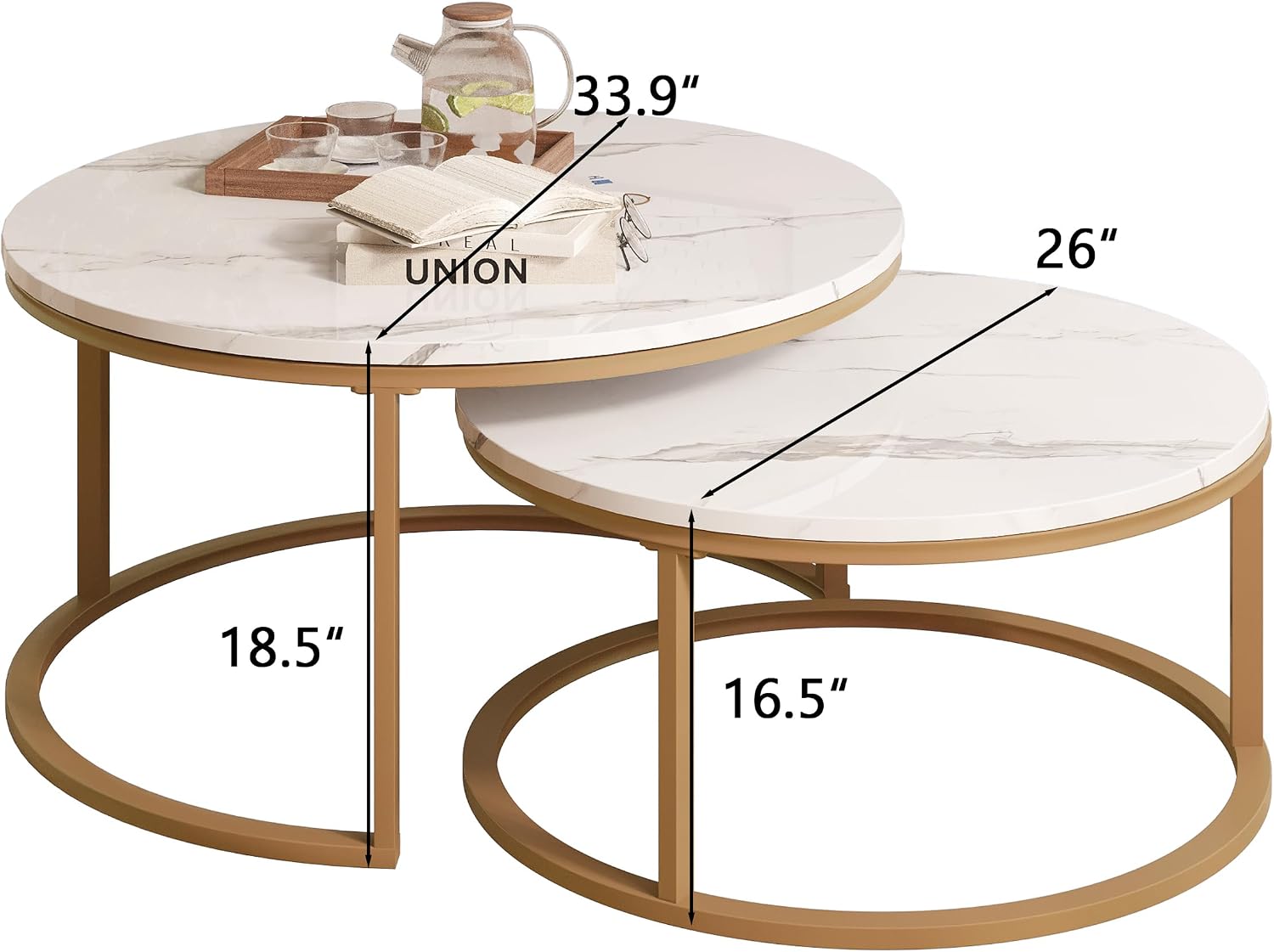 WiberWi Round Coffee Table Nesting Tables Set of 2, Large : Ø 34.0', Small : Ø 26.0', Modern Design Coffee Tables for Living Room, Gold Metal Frame Circle Cocktail Table, High Glossy Faux White Marble