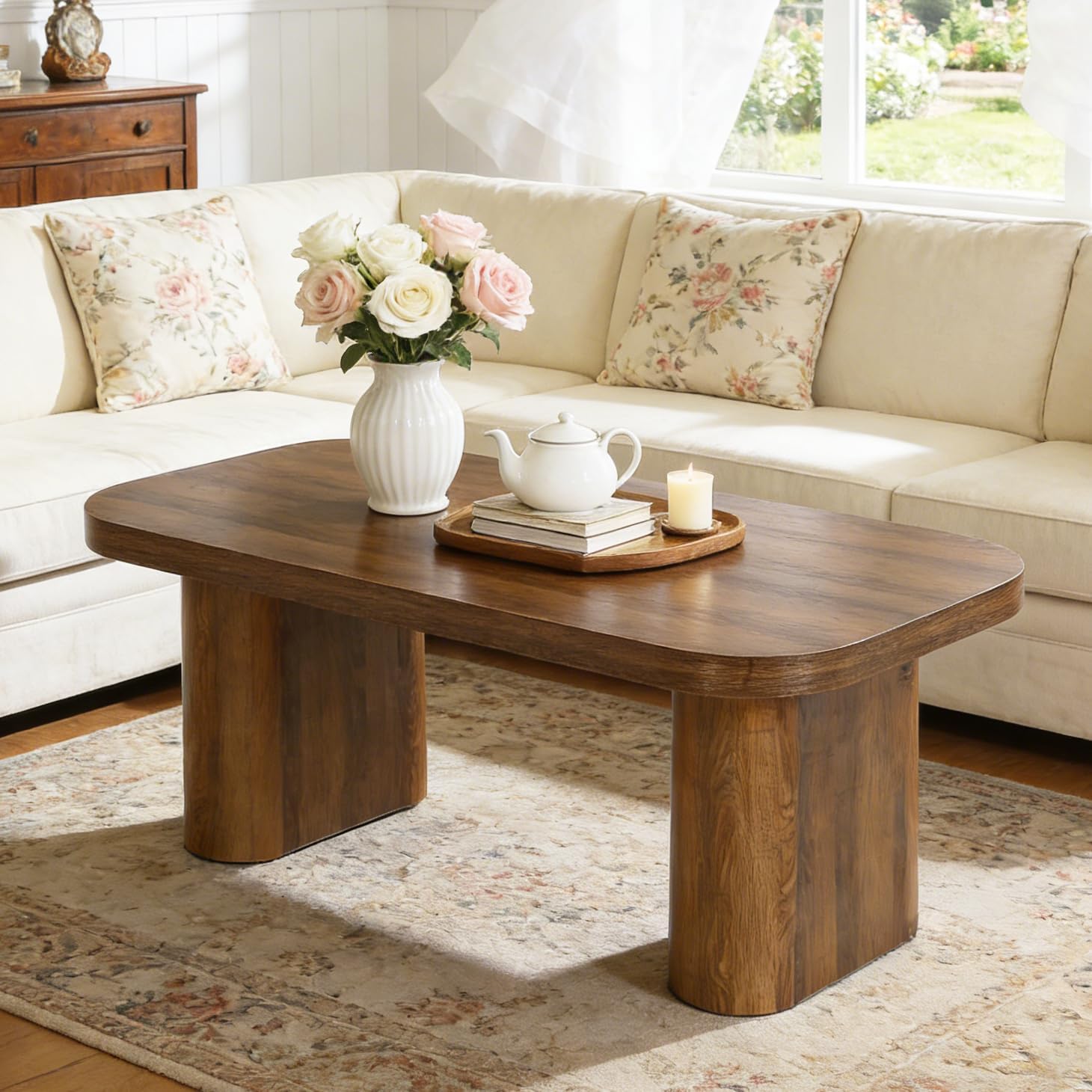 Tribesigns 47-Inch Coffee Table, Rectangle Living Room Table, Farmhouse Accent Center Table with Rounded Corners & Sturdy Base for Living Room, Apartment, Rustic Brown