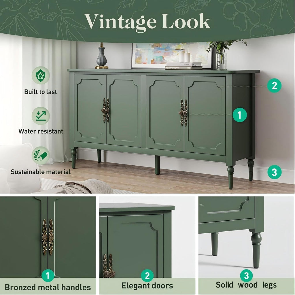 RoyalCraft Buffet Cabinet with Storage, 59' Vintage Sideboard with Adjustable Shelves, Mid Century Modern Painted Credenza Coffee Bar for Kitchen, Dining Room, Entryway, Living Room, Forest Green