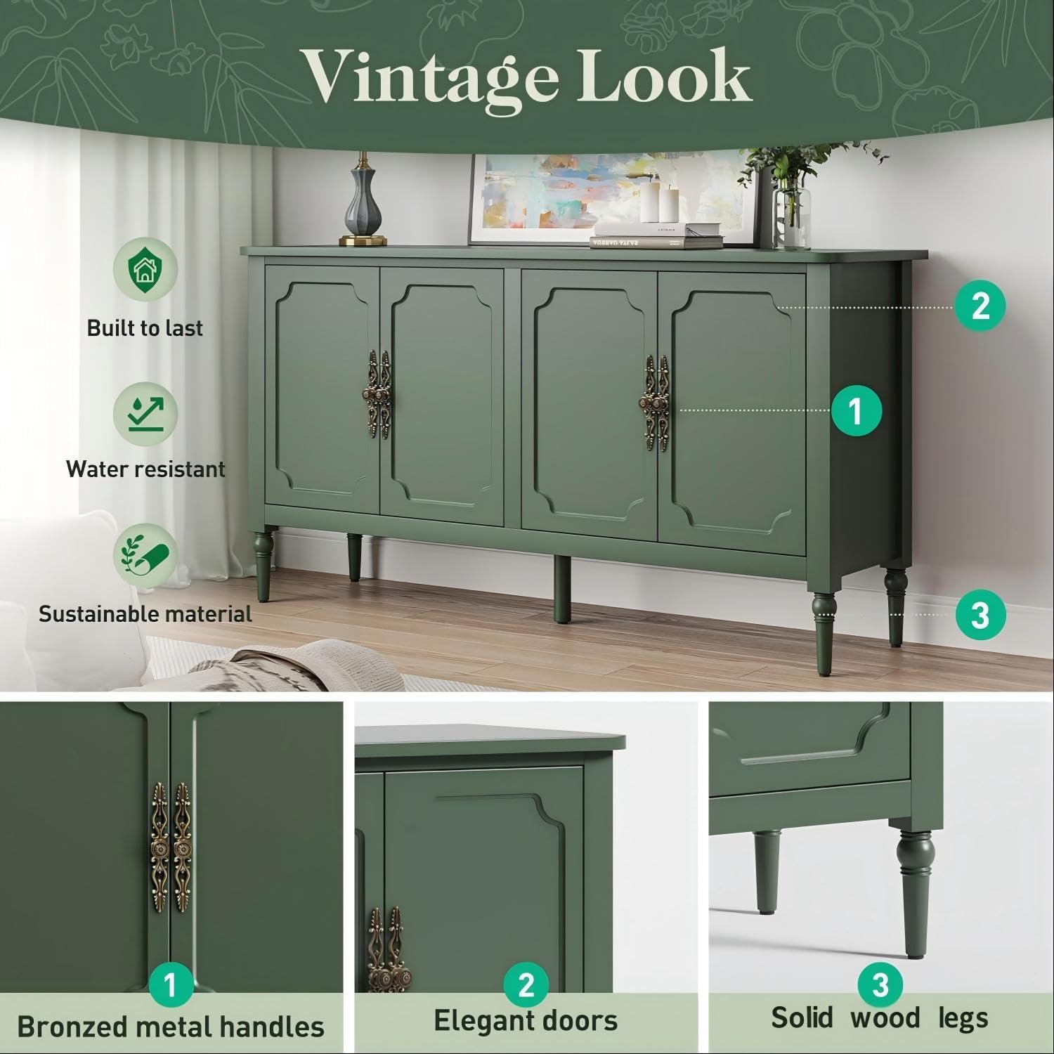 RoyalCraft Buffet Cabinet with Storage, 59' Vintage Sideboard with Adjustable Shelves, Mid Century Modern Painted Credenza Coffee Bar for Kitchen, Dining Room, Entryway, Living Room, Forest Green