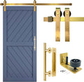 Rio Salto Gold Barn Door Hardware Kit Sliding Door Hardware Modern Barn Interior Closet Pantry Brushed Brass Panel Hardware with Handle Bar and Floor Guide (Hardware Kit Plus, 4ft 11in - NO Door)