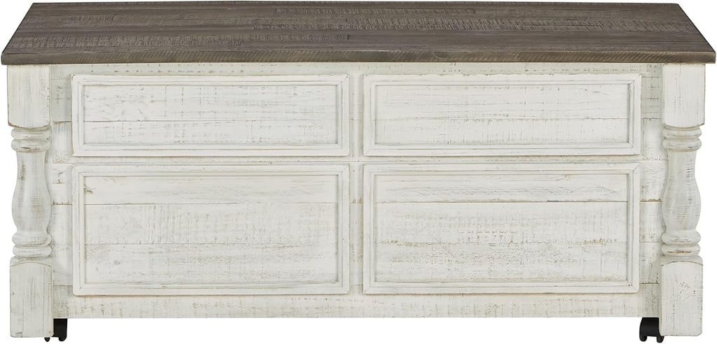 Signature Design by Ashley Havalance Farmhouse Lift Top Coffee Table with 4 Storage Drawers and Small Storage Tray, Whitewash