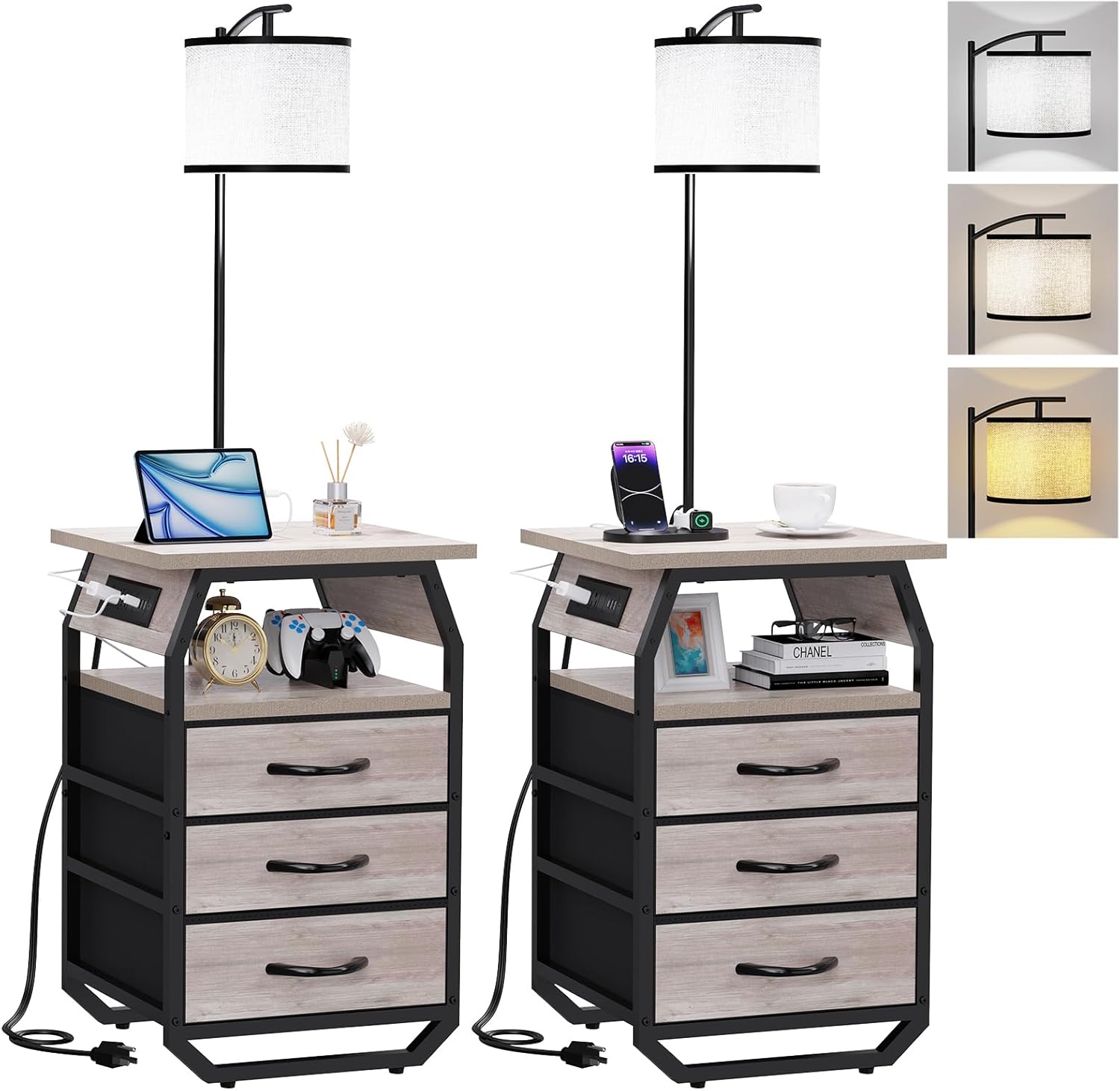 runjuly Floor Lamp with Table Set of 2, End Tables with Lamps Attached 3-Color Temperature Bulb, Side Table with Lamp with 3 Drawers & Charging, Lamps Tables Combo for Bedroom, Dorm Apartment - Greige