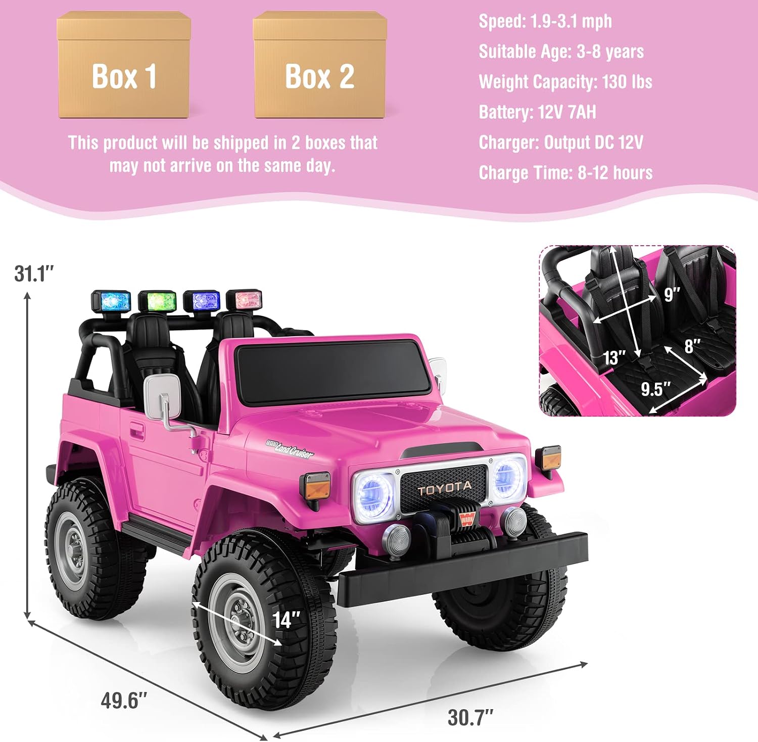 Costzon 2 Seater Ride on Car, 12V Licensed Toyota FJ40 Ride On Truck with 2.4G Remote Control, Spring Suspension, Storage Box, Colorful Lights, Music, USB Port & FM, Electric Car for Kids (Pink)