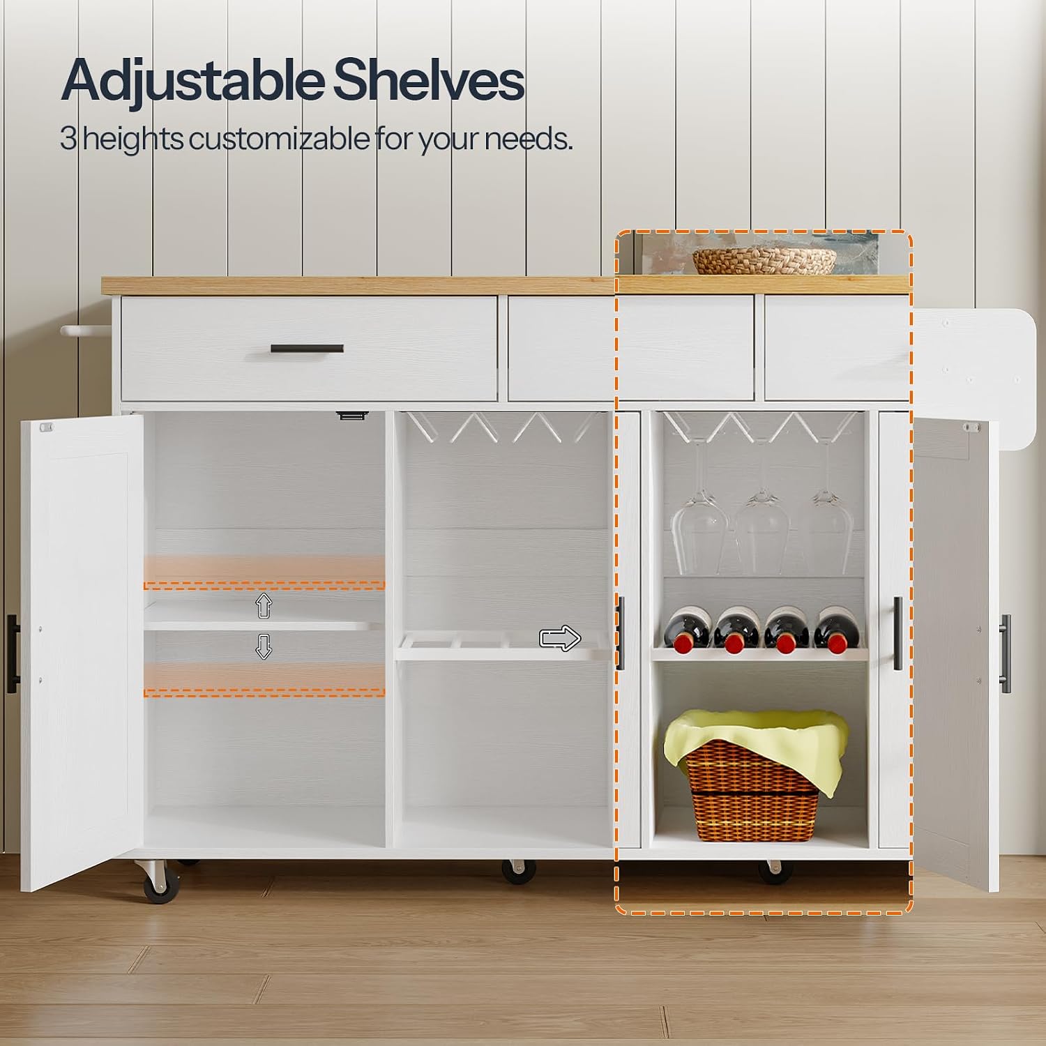 HOOBRO Kitchen Island with Power Outlet, Rolling Kitchen Island on Wheels, Island Table with Storage Cabinet, 2 Drawers, Spice Rack and Towel Rack, White and Natural WN14UZD01