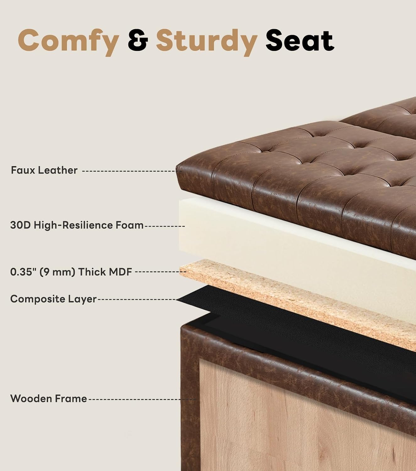 Tbfit Large Square Storage Ottoman Bench, Tufted Upholstered Coffee Table Ottoman with Lift Top & Solid Wood Legs, Oversized Storage Ottomans Toy Box for Living Room (Brown)