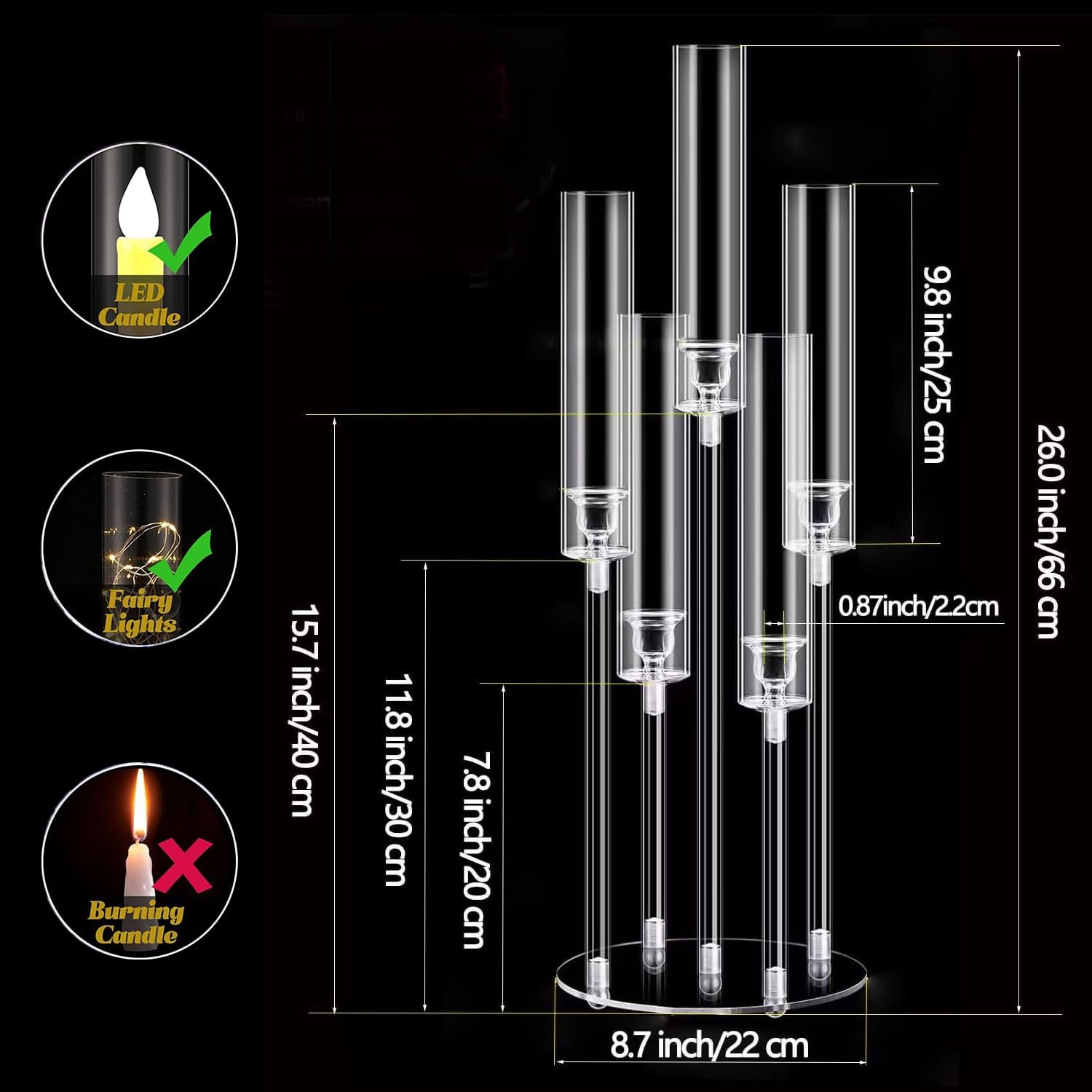 10pcs 5 Arm Acrylic Candelabra Centerpieces for Table,26inches Tall Clear Candlestick Holder Wedding Centerpieces for Party Birthday Dinner Event Fireplace Decortion Fit 0.87 led Candle