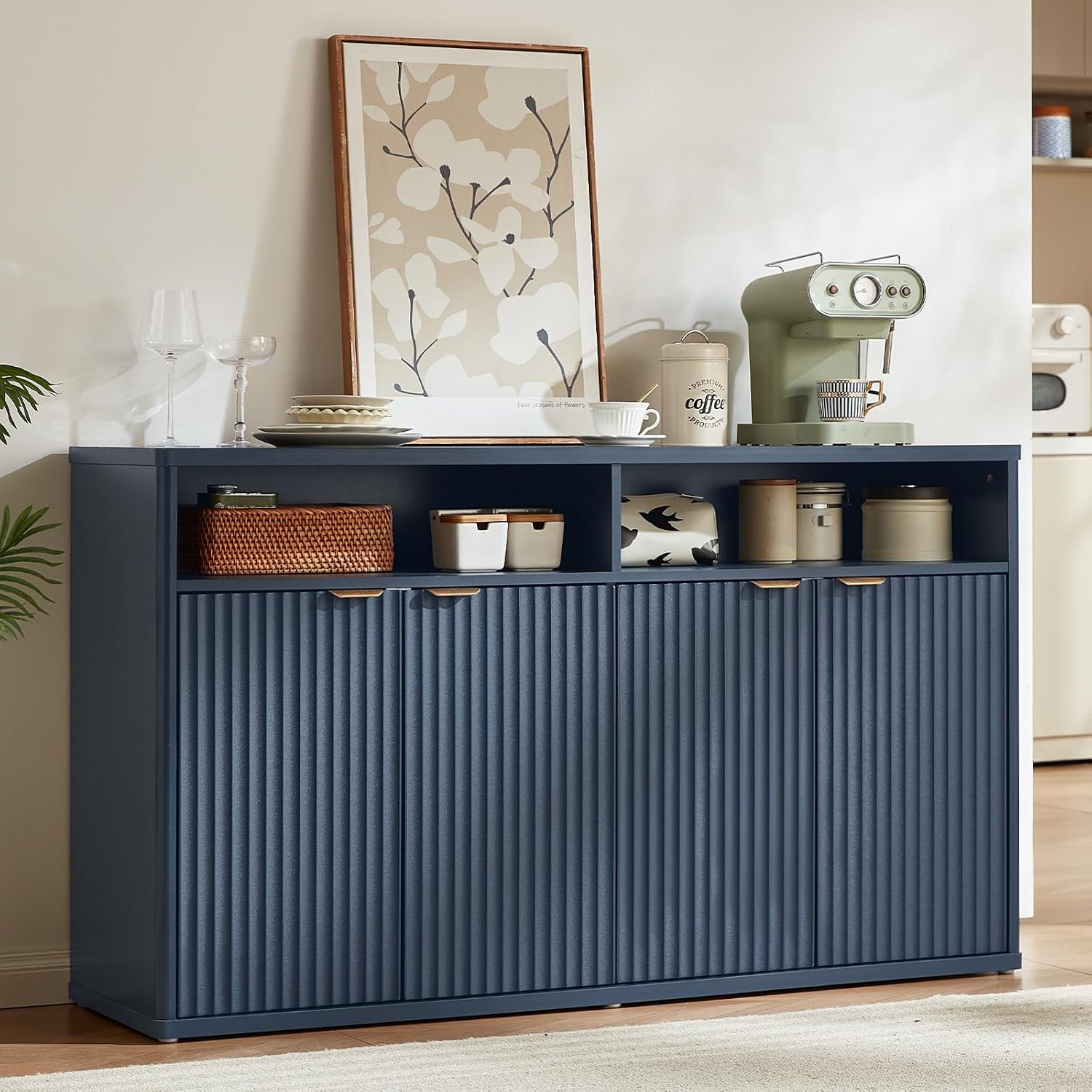 LEYAOYAO Fluted Buffet Cabinet with Storage, 55' Wide Wood Sideboard Credenza with 4 Doors & Open Storage Shelf, Modern Kitchen Console Accent Cabinets, Coffee Bar Table for Dining Room, Dark Blue