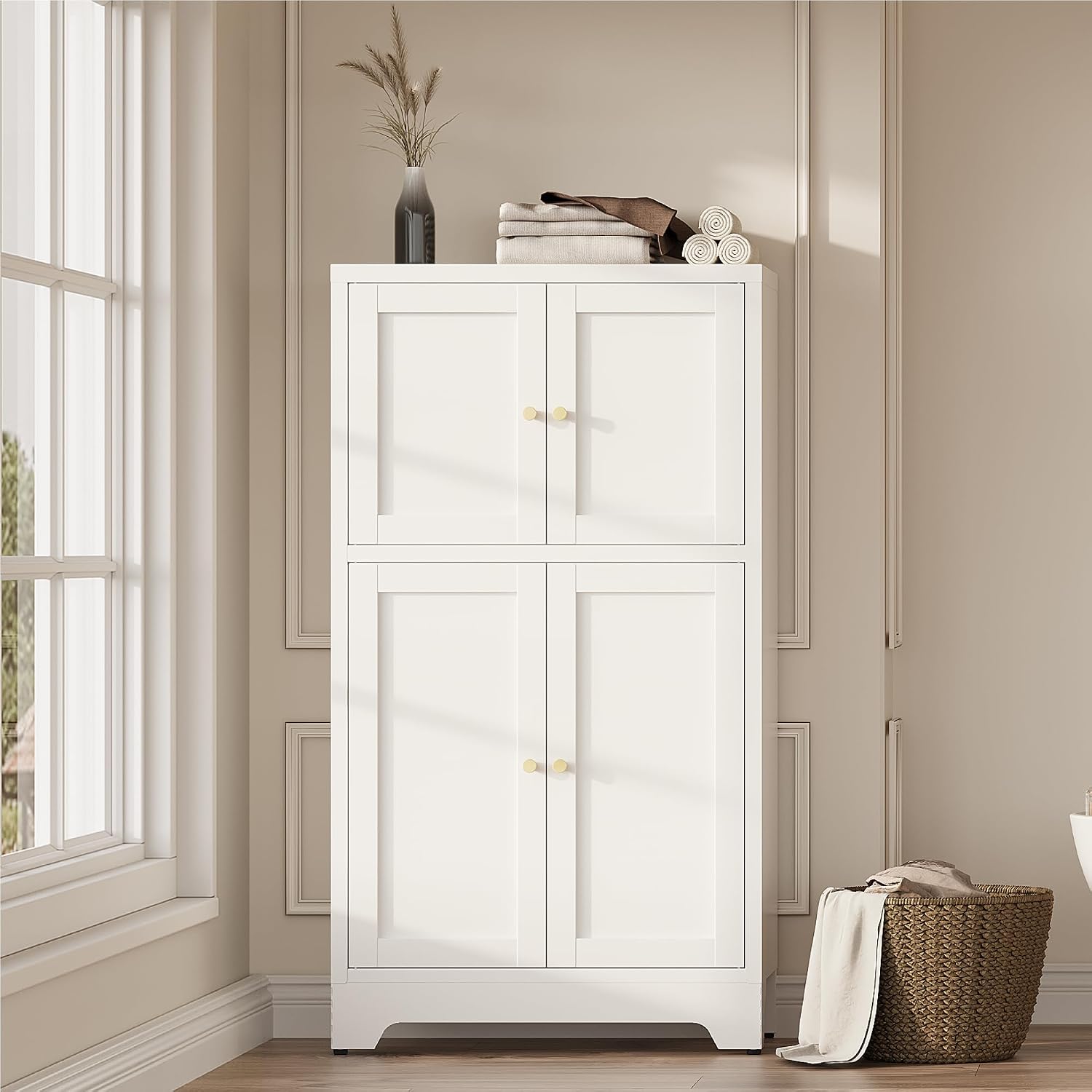 43' H Small Cabinet,White Bathroom Storage Cabinet,Metal Bathroom Floor Cabinets Freestanding