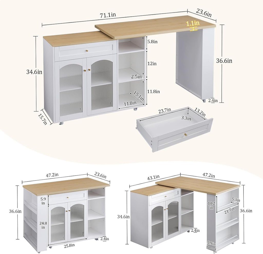 LYNCOHOME 71.1' Rolling Kitchen Island with 360° Rotating Tabletop, Mobile Lockable Wheels & Adjustable Shelves, Multifunctional Storage Cart for Kitchen & Dining（White）
