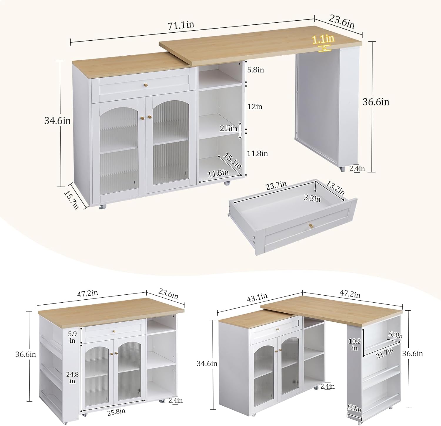 LYNCOHOME 71.1' Rolling Kitchen Island with 360° Rotating Tabletop, Mobile Lockable Wheels & Adjustable Shelves, Multifunctional Storage Cart for Kitchen & Dining（White）