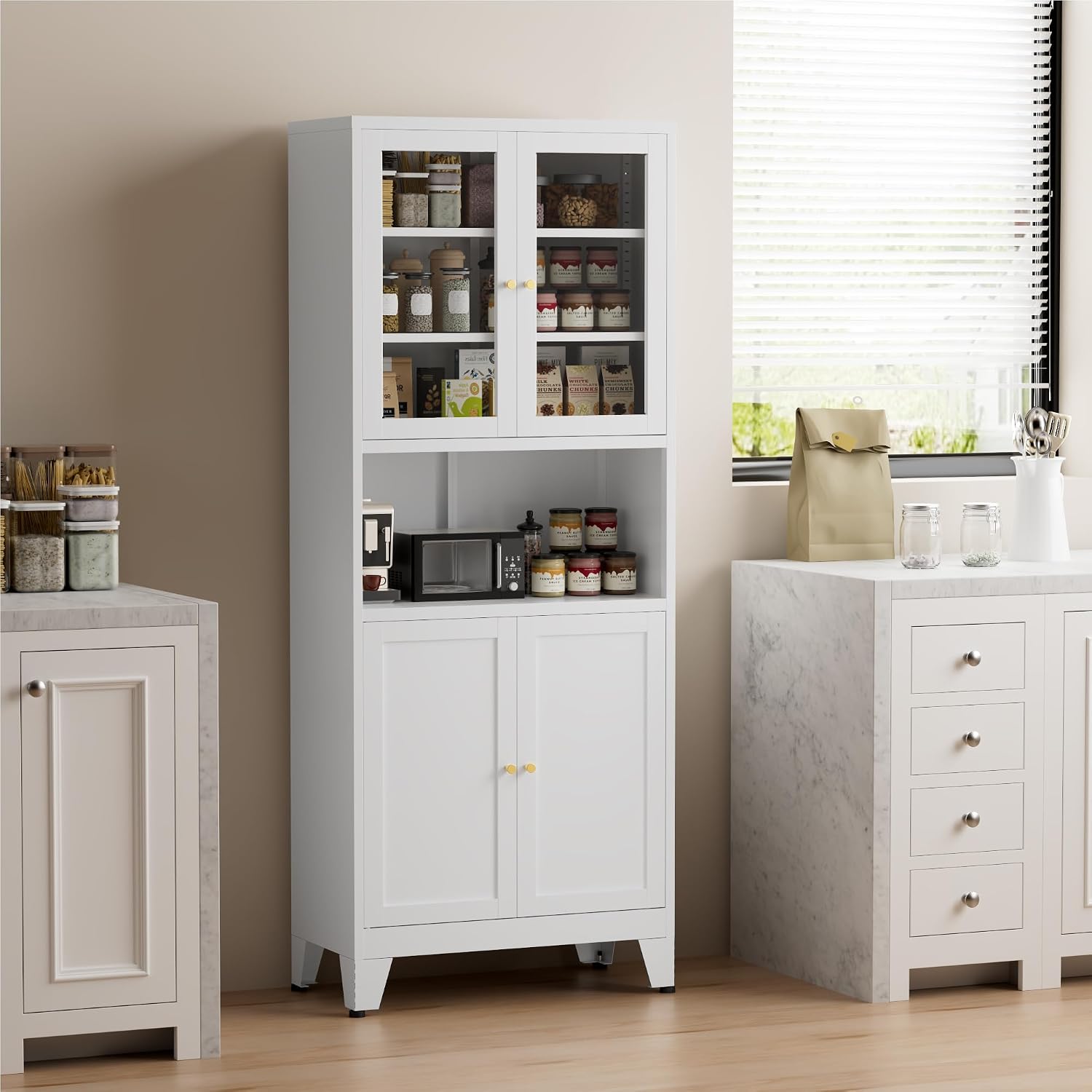 COFaR 69' Tall Modern Kitchen Pantry,Metal Storage Cabinet with Shelves ＆ Glass Doors for Display,Pantry Storage Cabinet,Freestanding Cupboard for Kitchen,Dining Room,Living Room,Bathroom,White