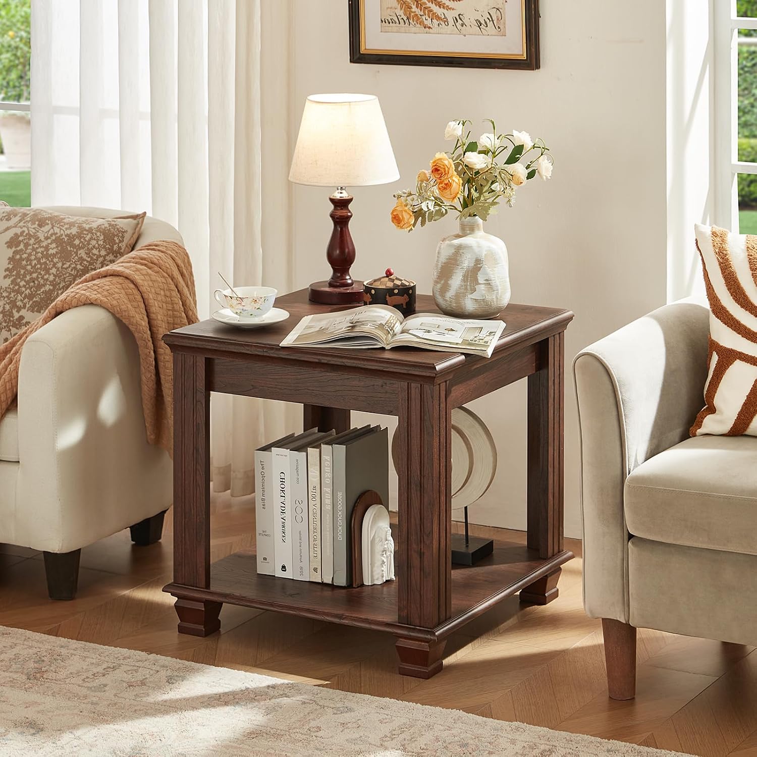SAVOR LIFE Farmhouse End Table Set of 2,Large Side Table with 2-Tier Storage Shelf,Rustic Brown End Tables for Living Room,Square Tea Table,Walnut