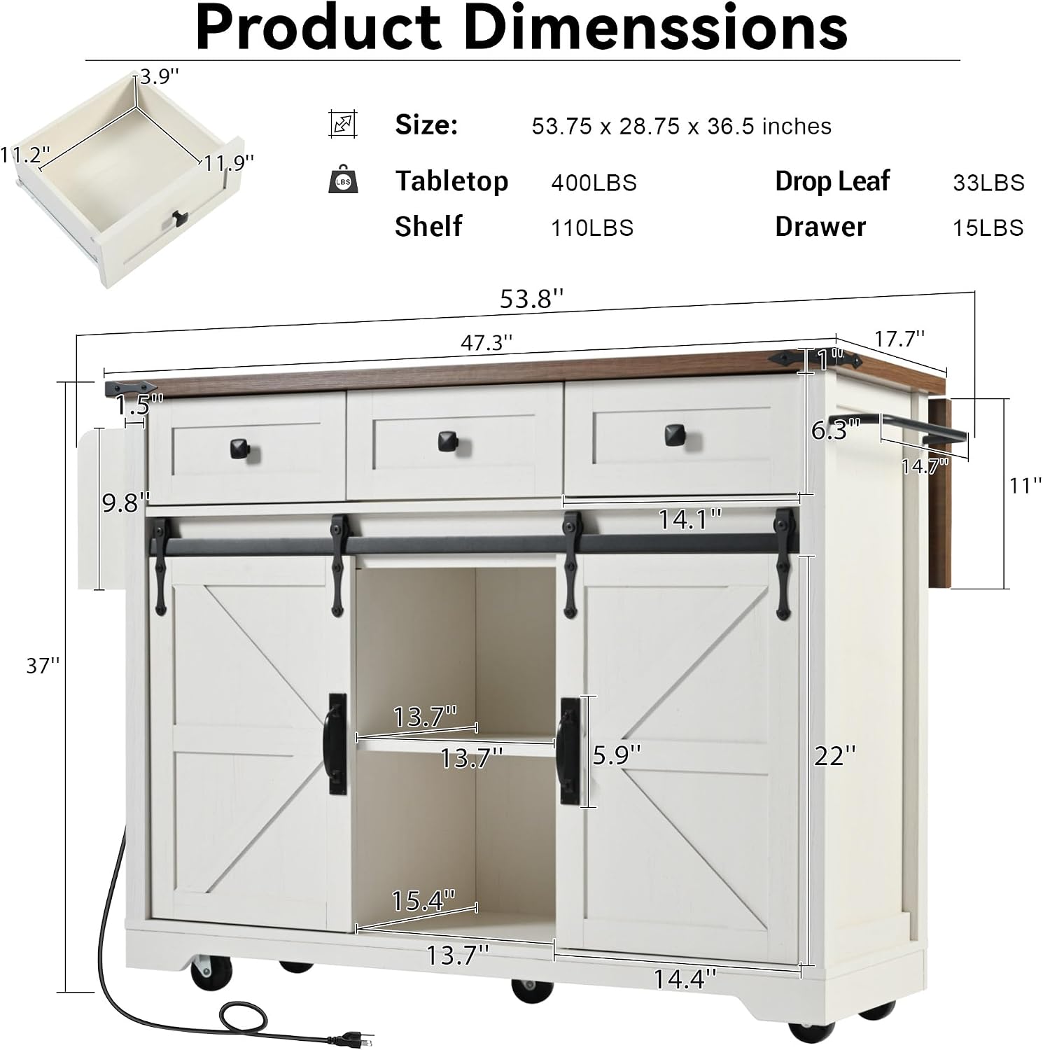 53.7' Farmhouse Kitchen Island With Power Outlet and Sliding Barn Doors, Rustic Storage Island With Drop Leaf, Rolling Cart With Drawers and Spice Rack for Dining Room
