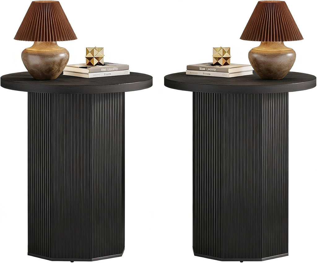 Tribesigns 2pcs Round Pedestal End Table, Farmhouse Side Table with Fluted Base, Wooden Accent Tables for Small Space, Couch, Living Room (2, Black)