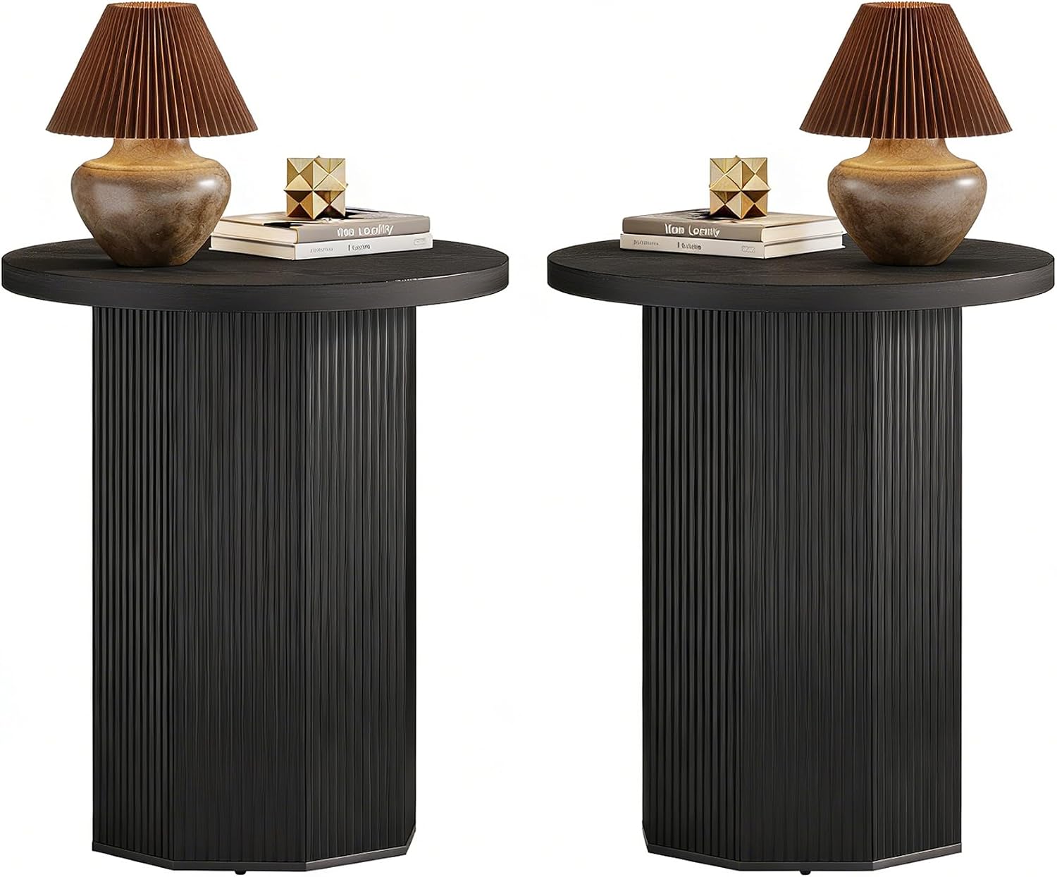 Tribesigns 2pcs Round Pedestal End Table, Farmhouse Side Table with Fluted Base, Wooden Accent Tables for Small Space, Couch, Living Room (2, Black)
