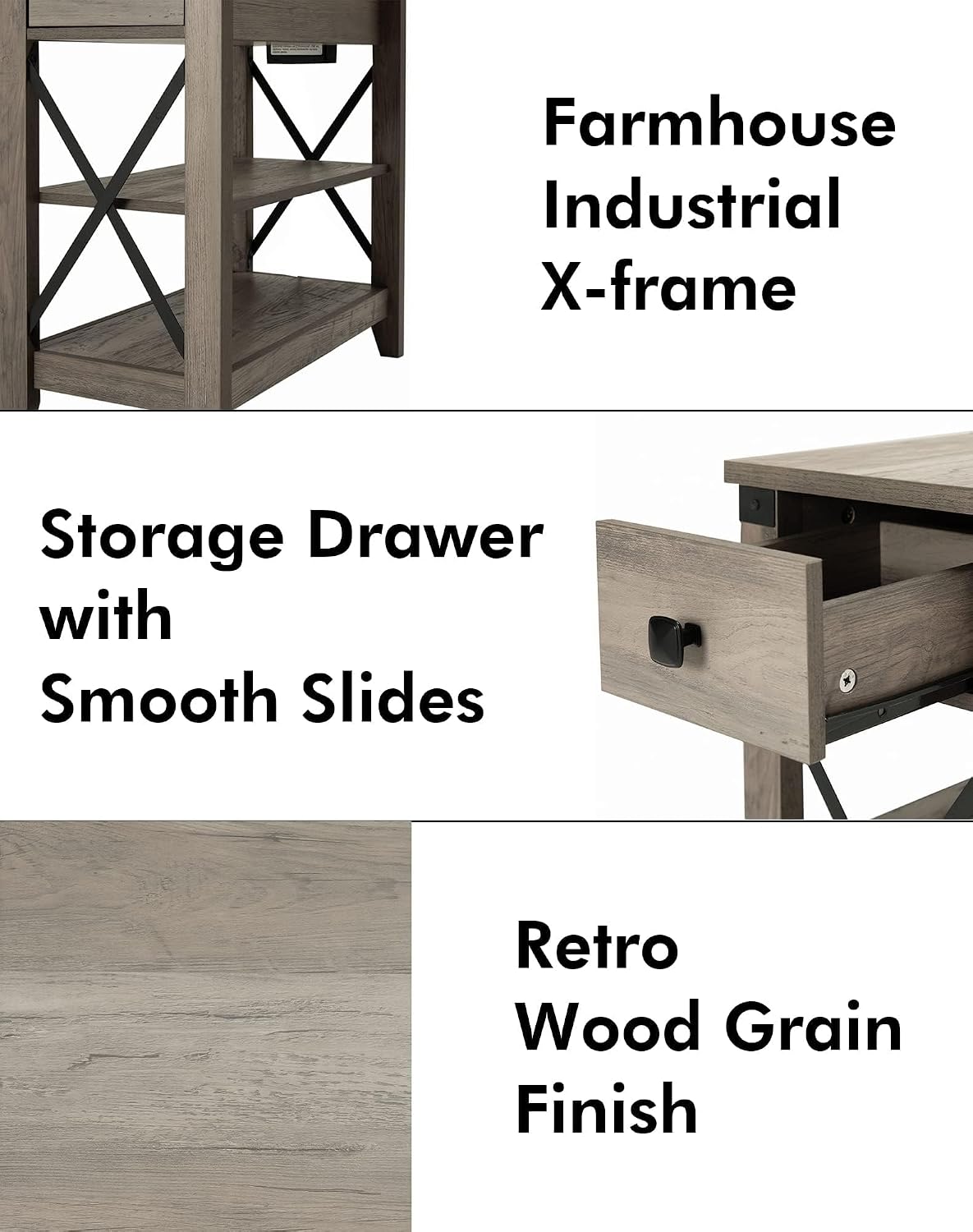 Awescuti Narrow End Table with Charging Station - Farmhouse Slim Side Table Set of 2, w/USB Ports Power Outlets, Nightstand w/Flip Top Storage Drawer, for Small Spaces Living Room Bedroom, Gray