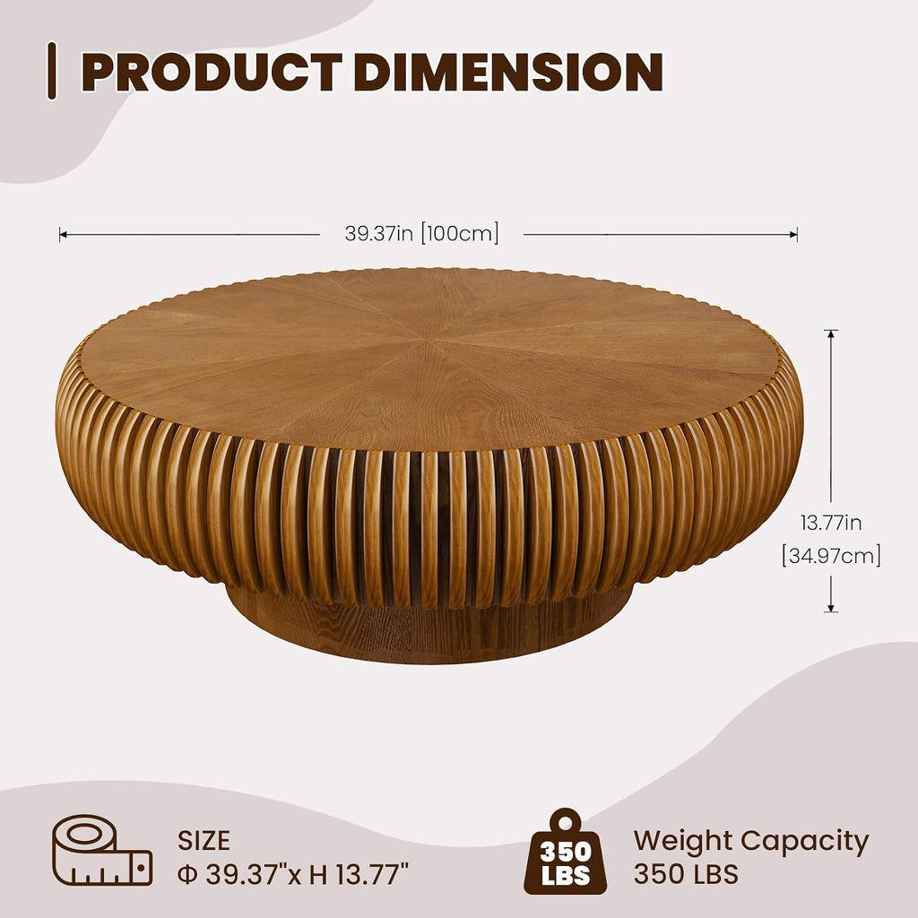 Round Drum Coffee Table for Living Room, Mid Century Modern Coffee Table with Sturdy Pedestal, Farmhouse Fluted Circle Center Table Accent Tea Table for Apartment (Large Brown)