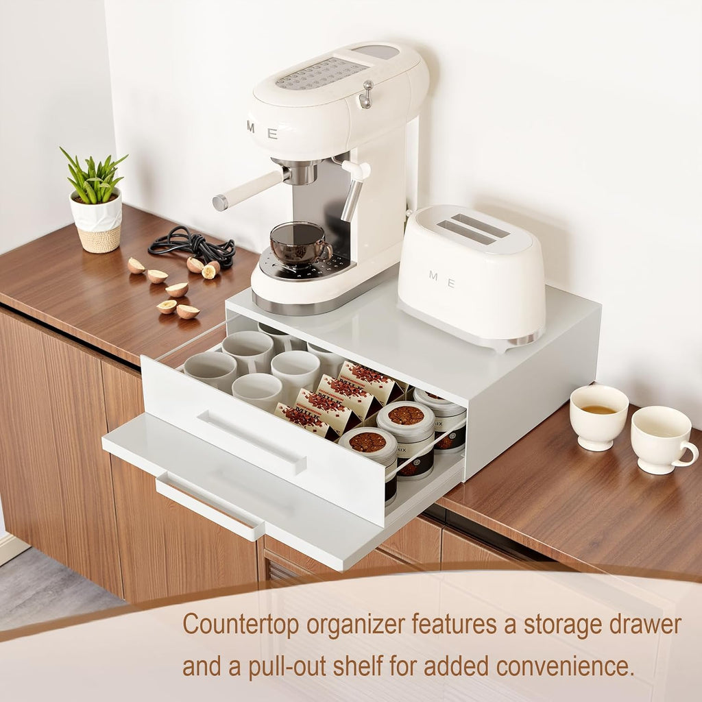 Steel Countertop Oranizer Appliance Stand with Pull-Out Drawer&Shelve,Withe | Modern Space-Saving Design for Microwave,Coffee Maker,Toaster,Heavy-Duty 100lbs Capacity