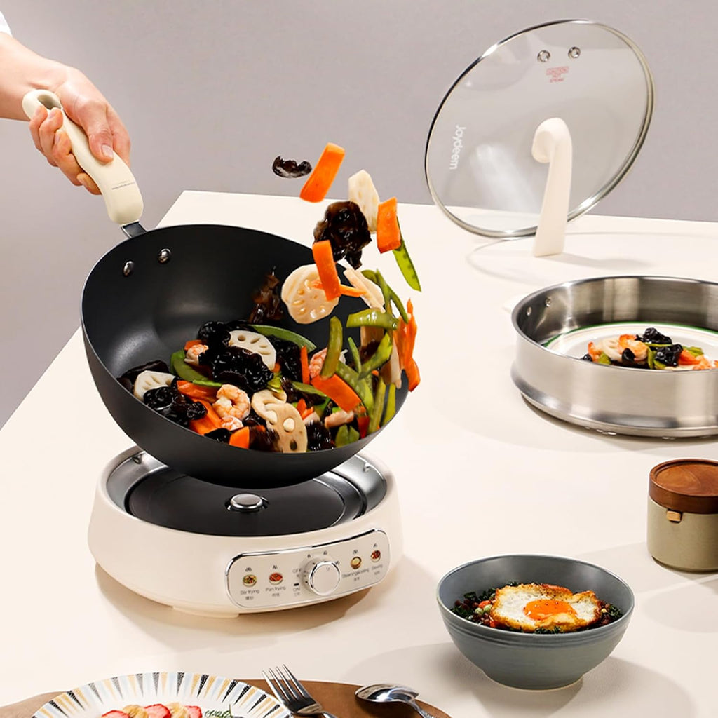 Joydeem 5Qt Electric Skillet, Pure Iron Nonstick Frying Pan with Glass Lid & Steamer Rack, 1600W 3-Level Heat Control, Removable Pot, Family-Sized Cooker for Boil Steam Sauté, 11.81inch