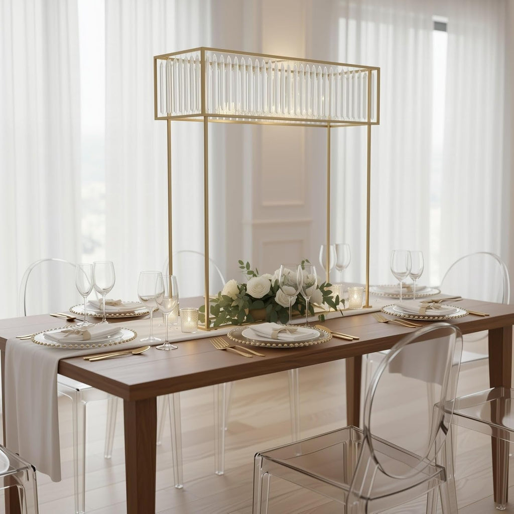 Efavormart 48' Tall Crystal Pendant Flower Stand, Gold Metal Rectangular Centerpiece Vase – Premium Floor Display Rack for Wedding Decor