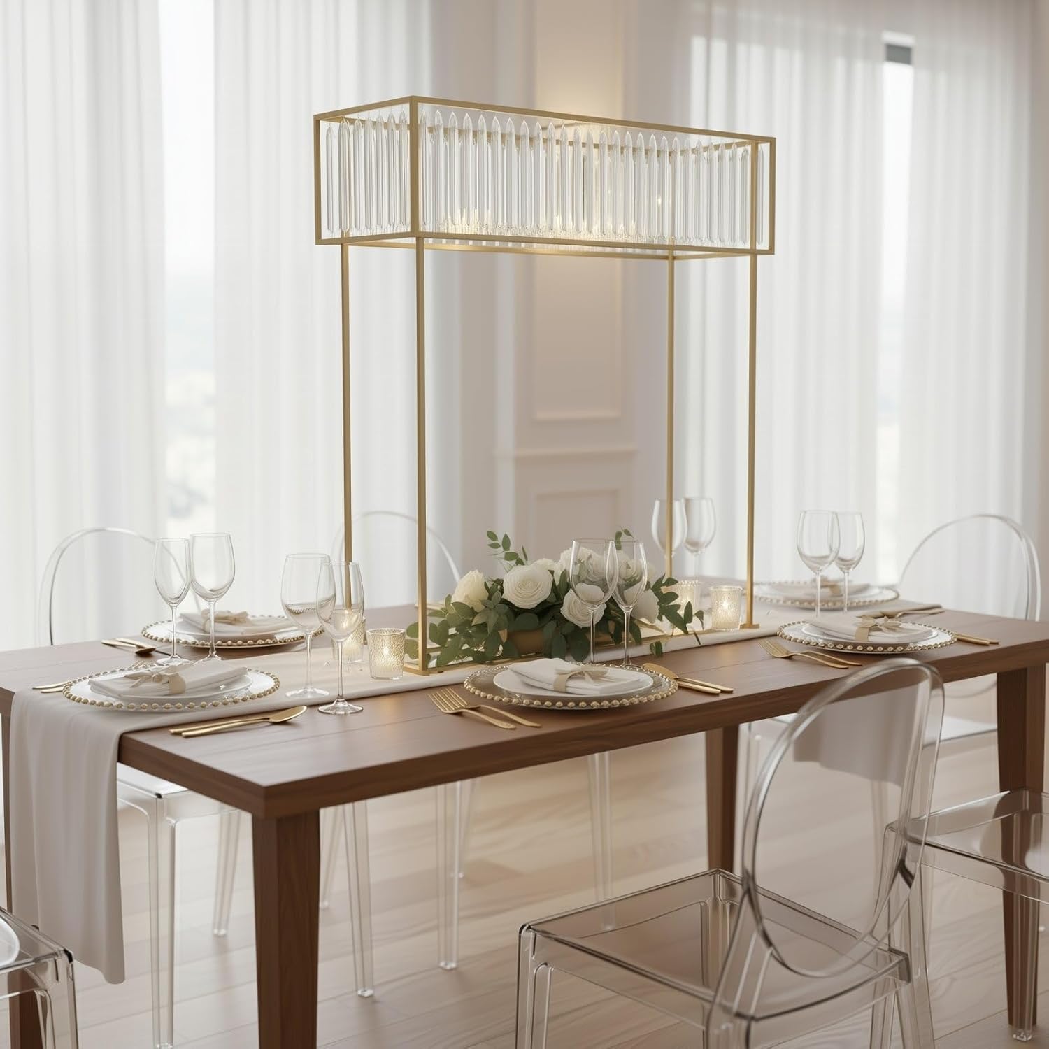 Efavormart 48' Tall Crystal Pendant Flower Stand, Gold Metal Rectangular Centerpiece Vase – Premium Floor Display Rack for Wedding Decor