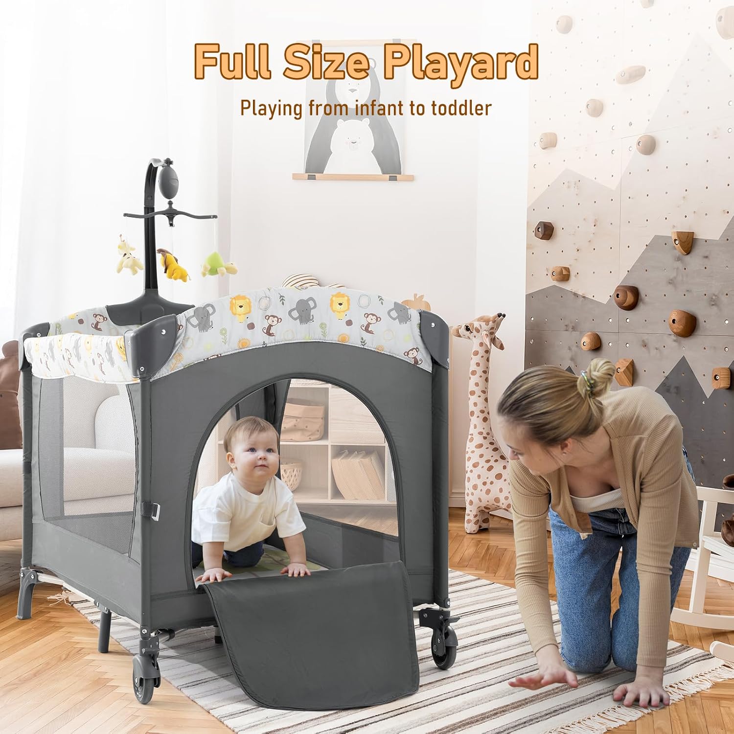 Jaoul 5 in 1 Baby Crib, Bassinet Beside Sleeper, Pack and Play with Bassinet and Changing Table Portable Travel Baby Playpen with Toys & Music Box, Mattress for Girl Boy Infant Newborn