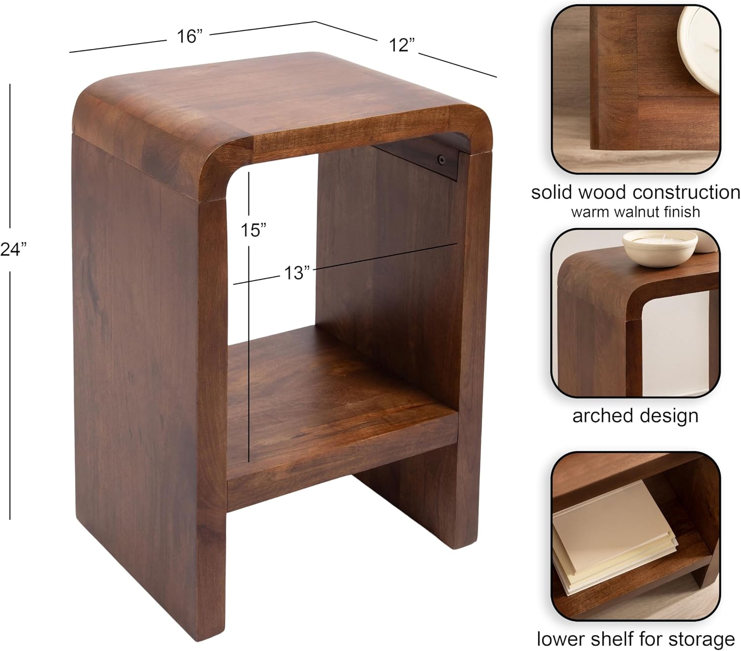 Kate and Laurel Reddy Modern Arched Wood Side Table, 16 x 12 x 24, Walnut Brown, Transitional Two-Tier End Table for Use as a Bedroom Nightstand or Small Record Player Stand