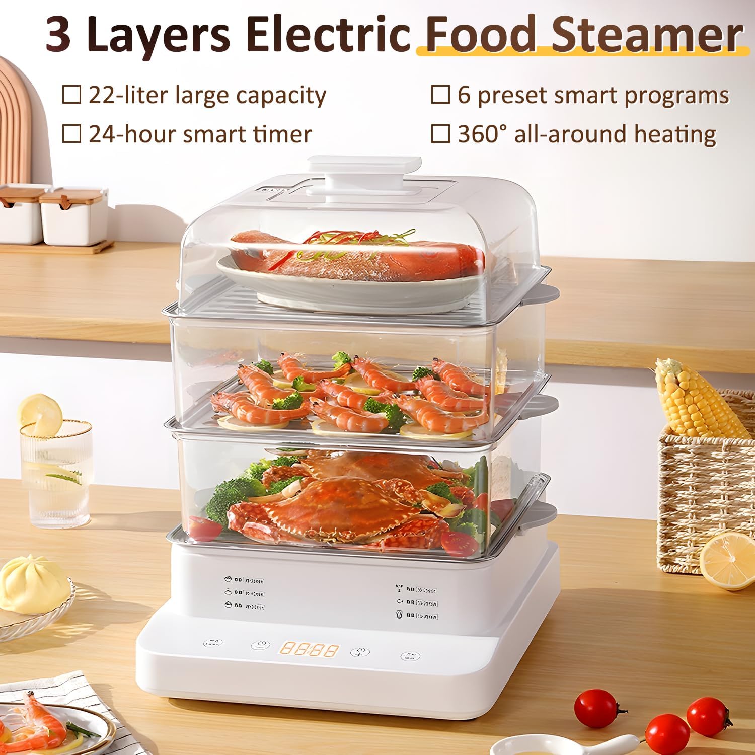 22L/23QT Electric Food Steamer, 3 Layers Food Steamer, 800W Commercial Stainless Steel Steamer, Large Capacity Breakfast Machine with Timer, for Home, Restaurant, Party