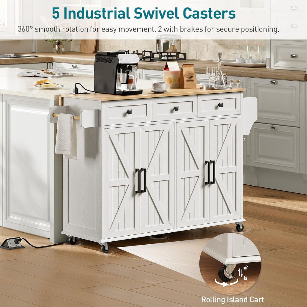 RALGEND Kitchen Island with Drop Leaf & Power Outlet, Rolling Kitchen Island Cart On Wheels, Barn Door Kitchen Island Table with Storage and Tower Rack, Island Table for Kitchen, White and Natural