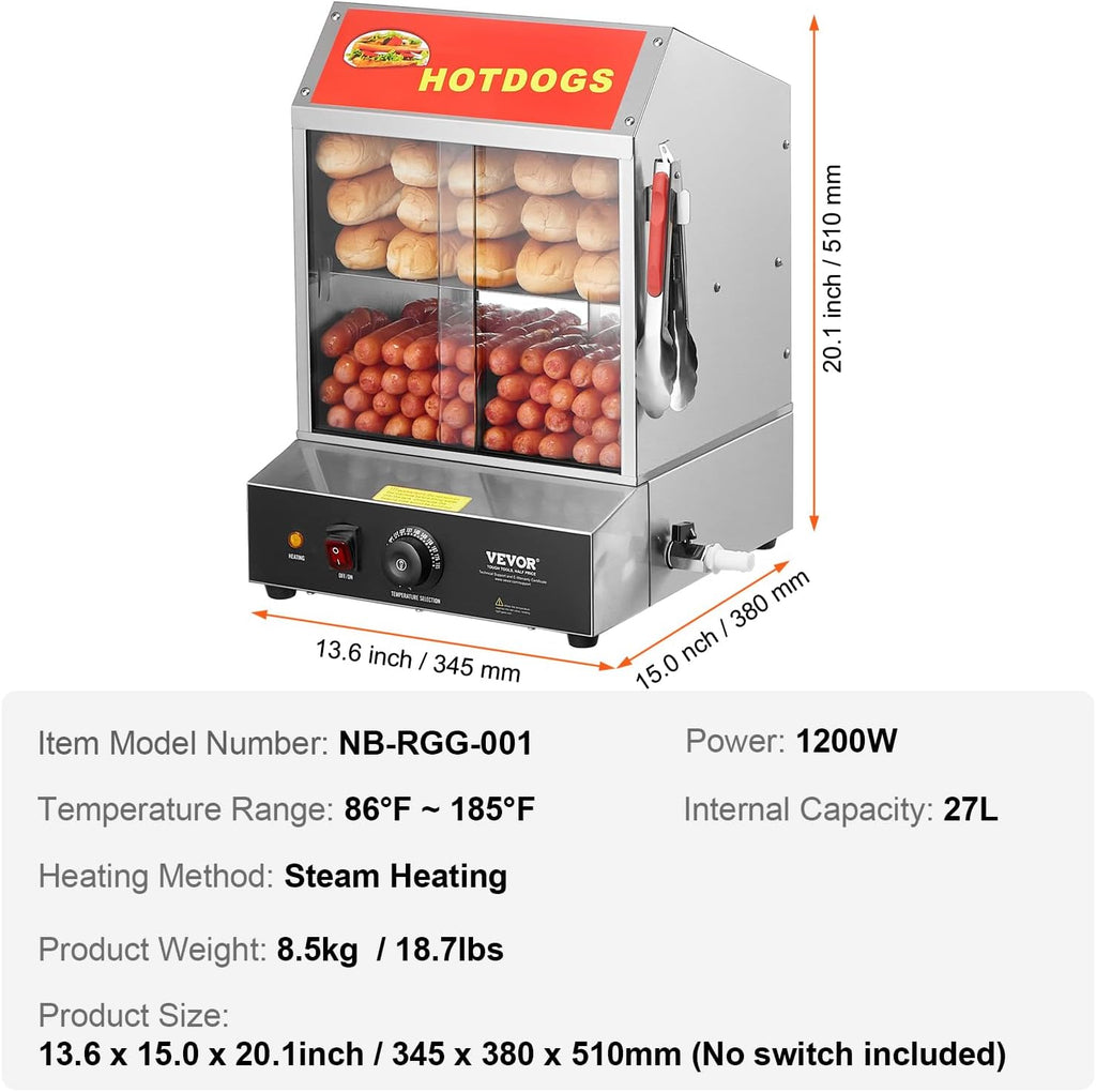 VEVOR Hot Dog Steamer, 28.5QT, 2-Tier Hot Dog Hut Steamer, 86℉~185℉ Temperature Control, Electric Bun Warmer with Tempered Glass Slide Doors Partition Plate Tong, Stainless Steel, for Hot Dogs & Buns