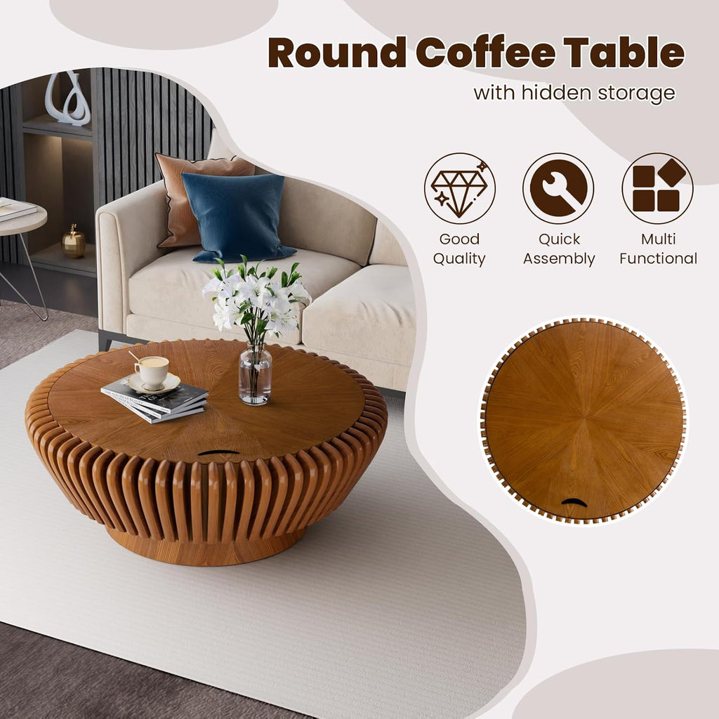 Round Coffee Table with Storage, Mid Century Modern Drum Coffee Table for Living Room, Fluted Circle Center Table with Sturdy Pedestal, Accent Tea Table for Apartment (35.4' Brown with Storage)