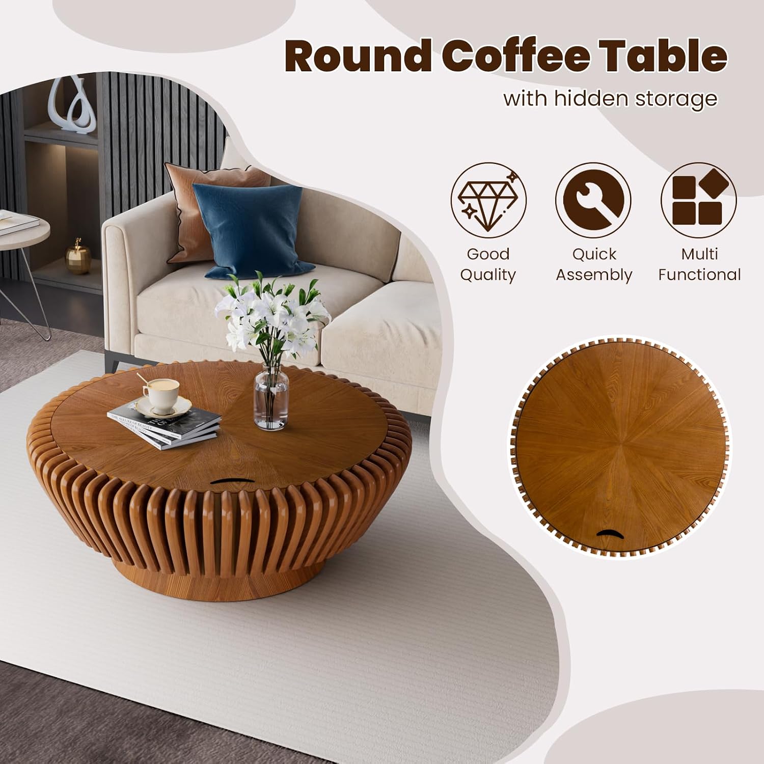 Round Coffee Table with Storage, Mid Century Modern Drum Coffee Table for Living Room, Fluted Circle Center Table with Sturdy Pedestal, Accent Tea Table for Apartment (35.4' Brown with Storage)