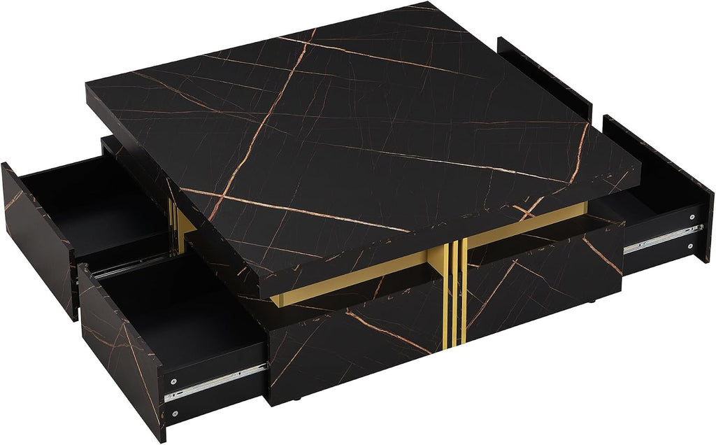Merax Modern White and Gold Square Coffee Table with 4 Drawers, Ample Hidden Storage, Durable MDF Construction, Sleek Accent End Table for Living Room, Lounge, and Apartment Decor, Black