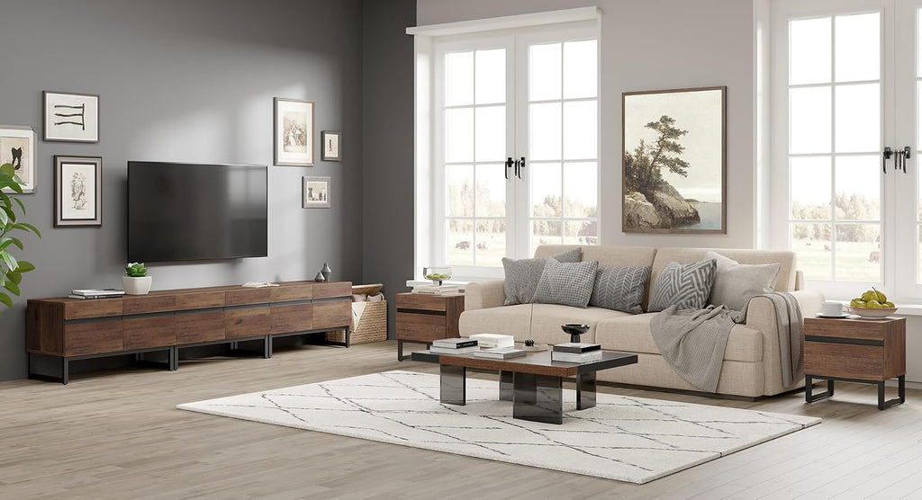 WAMPAT 2 Pack Modern End Table with 2 Drawers, Farmhouse Sofa Table with Black Square Iron Leg, Wood Rustic Side Table for Living Room, Nightstand for Bedroom, Brown, 17.7''L x 15.5''W x 19.8''H
