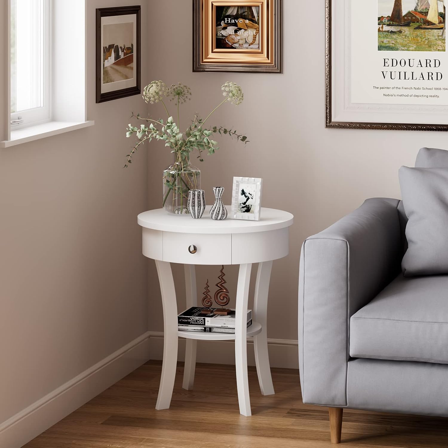Giantex Round End Table with Drawer, 2-Tier Wood Side Table w/Open Shelf, Small Sofa Side Table for Small Space, Multipurpose Accent Table for Bedroom Living Room Home (2, White)