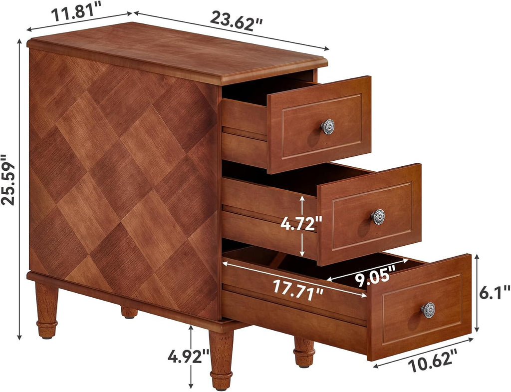 LITTLE TREE Fully Assembled End Table, Narrow Side Table with 3 Drawers, Pre-Assembled Nightstand Slim Bedside Table for Small Spaces, Living Room, Bedroom, Brown