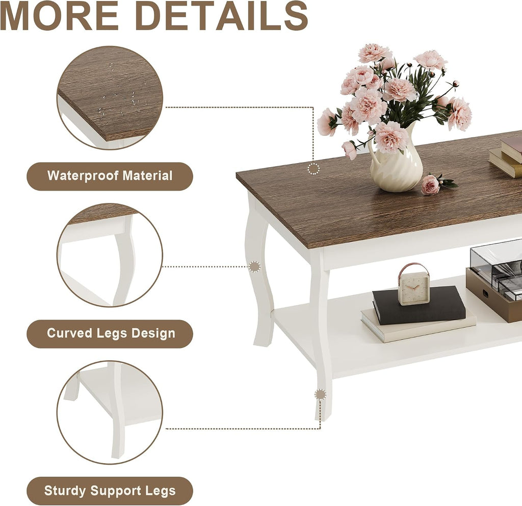 ChooChoo Coffee Table, Rustic Center Table with Curved Legs and Storage Shelf, 39' Coffee Table for Living Room, Soft White