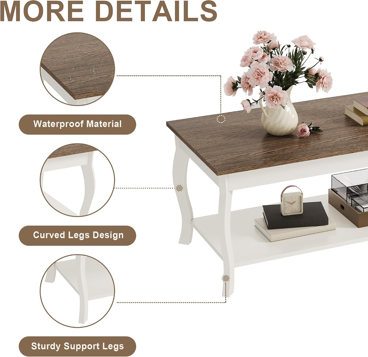 ChooChoo Coffee Table, Rustic Center Table with Curved Legs and Storage Shelf, 39' Coffee Table for Living Room, Soft White