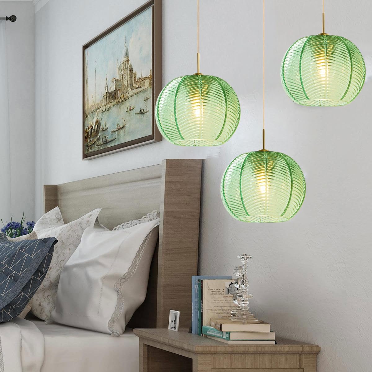 Mid Century Modern Chandelier Glass Globe 3-Light 8.6″ Emerald Green Ribbed Glass Shade Large Ball Chandeliers Sputnik Chandelier Vintage Hanging Ceiling Light Fixture Kitchen Island