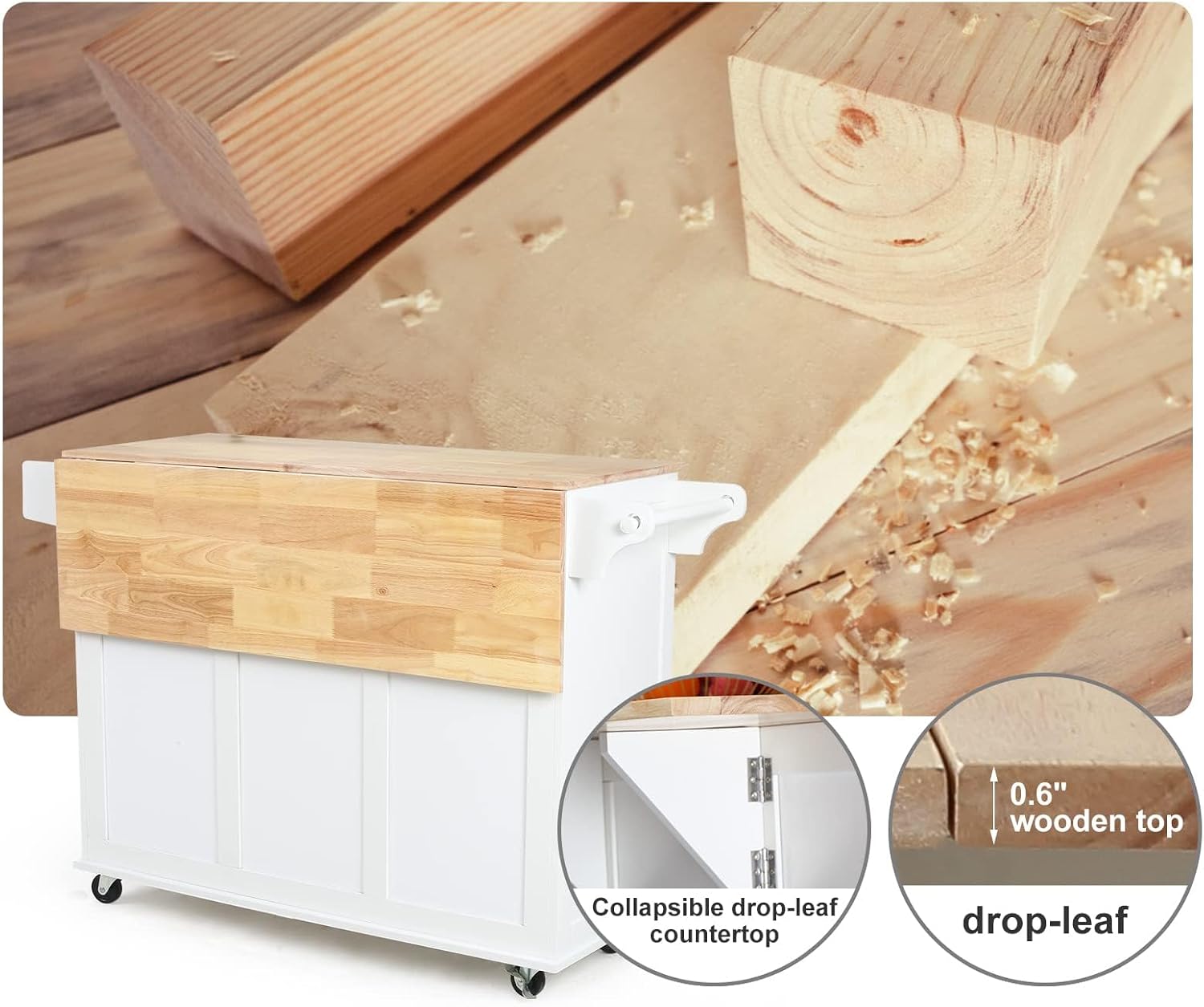 HOMREST 52' Mobil Kitchen Island Cart with Storage, Rolling Island with Drop Leaf and Rubberwood Countertop, Spice Rack, Adjustable Shelves and 5 Drawers, Island Table for Kitchen, White