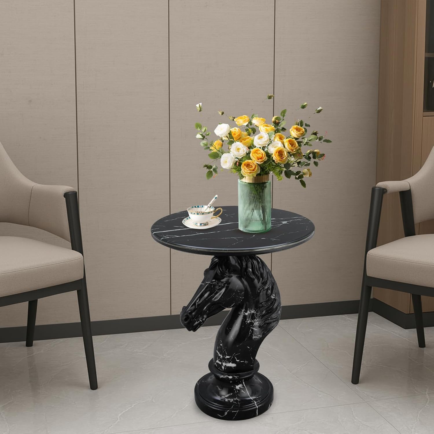 Modern End Table Living Room Horse Statue Black Contemporary‌ Faux Marble Night Stand Side Table with Horse Head Base Reception Area & Bedroom（Width 19.69' ——Tall 24.5'）