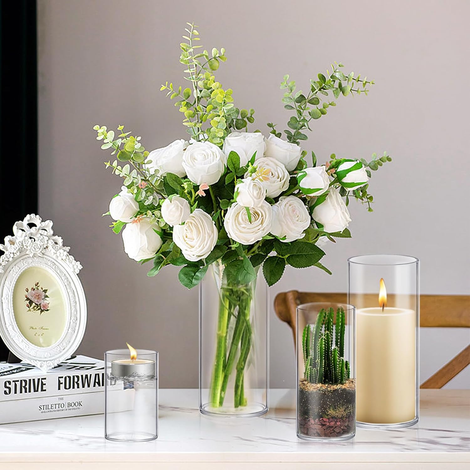 64 Pack Thick Glass Cylinder Vases 4,6,9,12 Inch Tall Clear Flower Vase Hurricane Floating Candle Holder for Table Centerpiece Wedding Home Decor