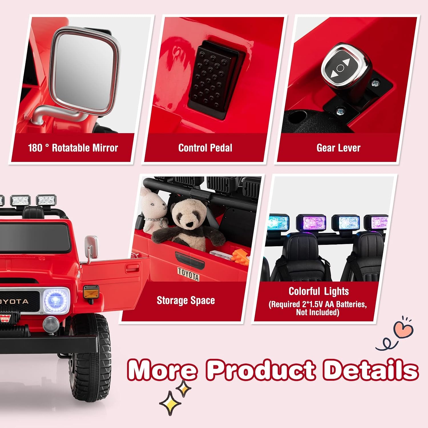 Costzon 2 Seater Ride on Car, 12V Licensed Toyota FJ40 Ride On Truck w/ 2.4G Remote Control, Spring Suspension, Storage Box, Colorful Lights, Music, USB Port & FM, Electric Car for Kids (Red)