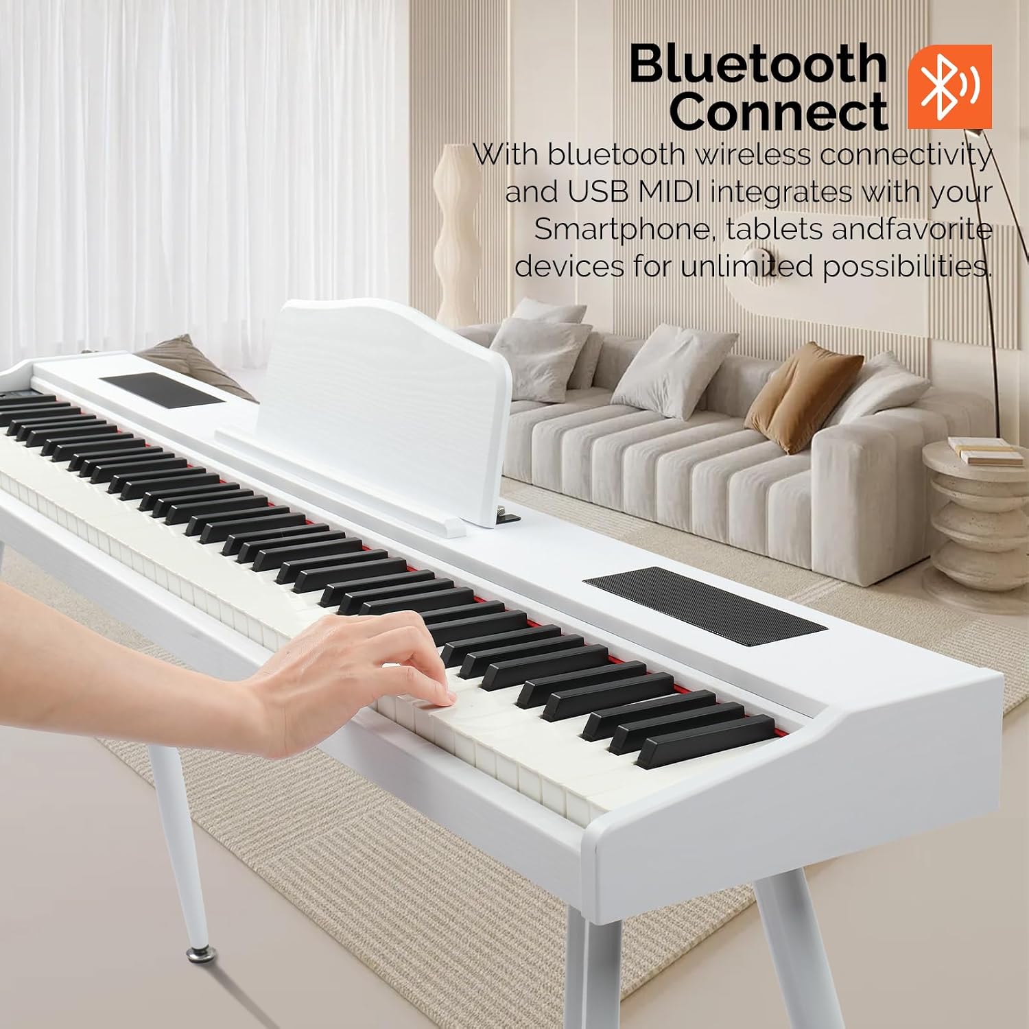 GLARRY Digital Piano Keyboard with Stand, Portable 88 keys Semi-Weighted Electric Piano with Pedal for Beginner, Bluetooth, Triple Pedals, Power Supply, 2 Speakers (White, Compact)