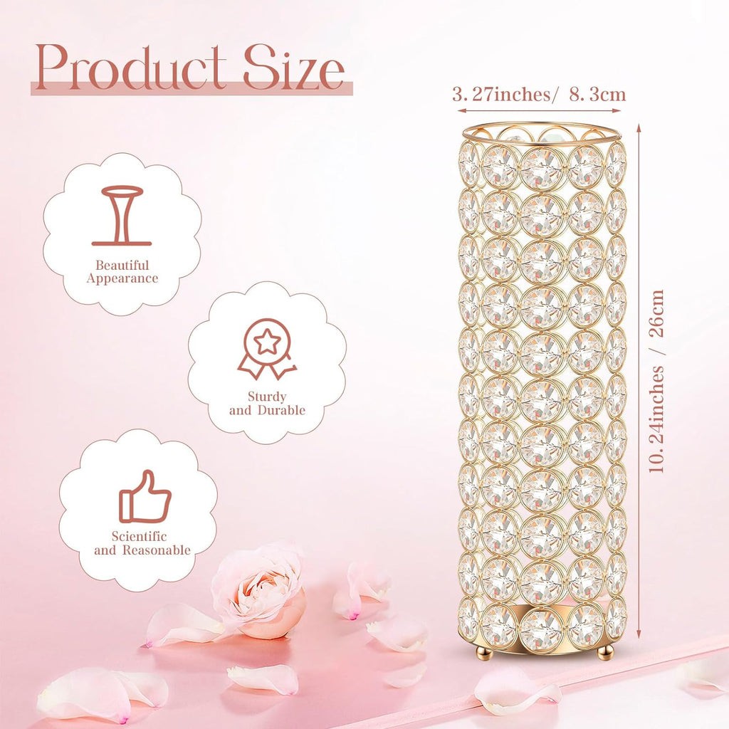 Dandat 16 Pcs Crystal Flower Vase and Pillar Candle Holder Set 10.24 Inch Wedding Cylinder Flower Vases Stand Table Centerpieces Candle Holders for Table Room Home Wedding Party Events Decor(Gold)
