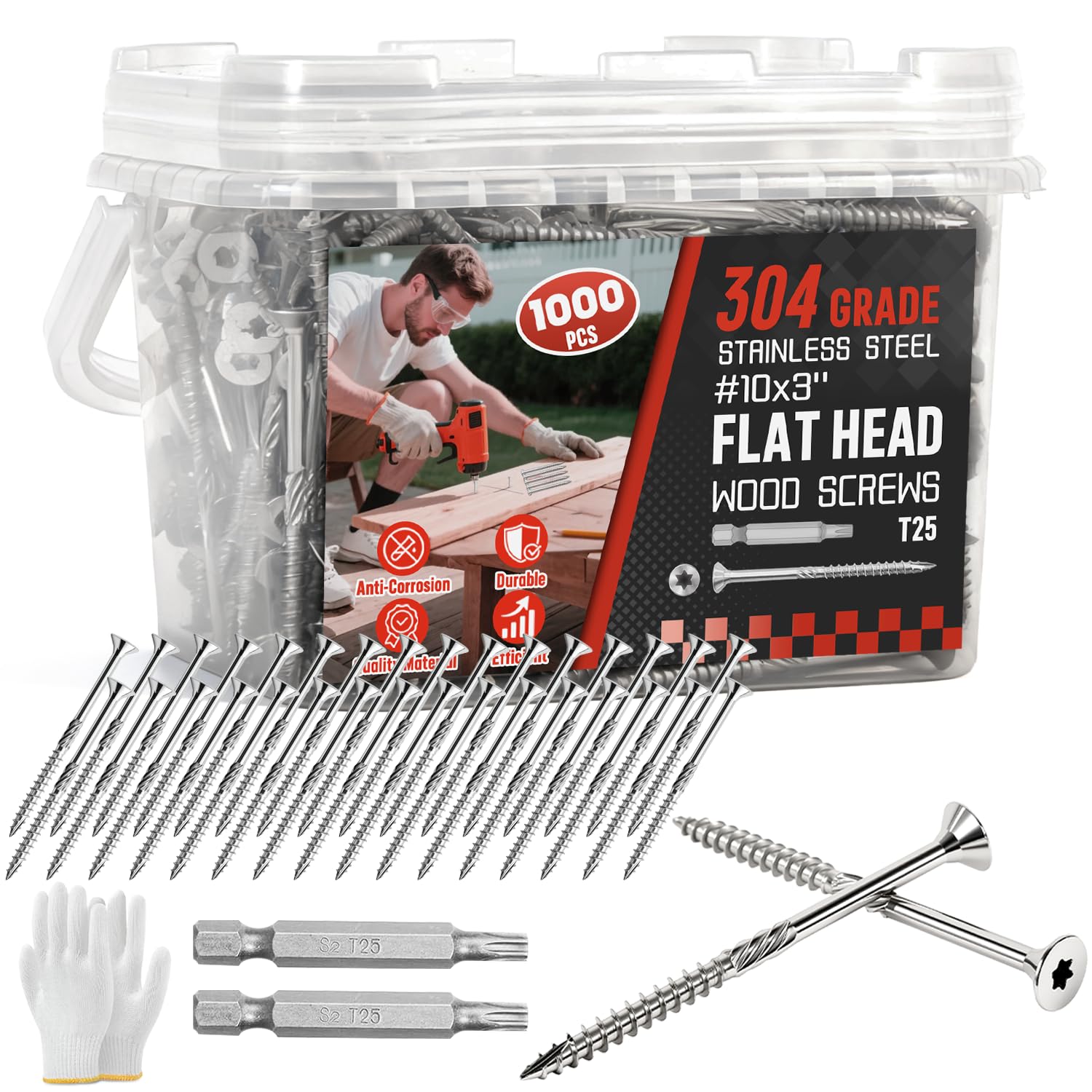 #10x3 Inch 304 Stainless Steel Deck Screws 1000 PCS - Corrosion-Resistant Outdoor Wood Fasteners for Fences, Decks, Wood Project - T25 Star Drive Bit