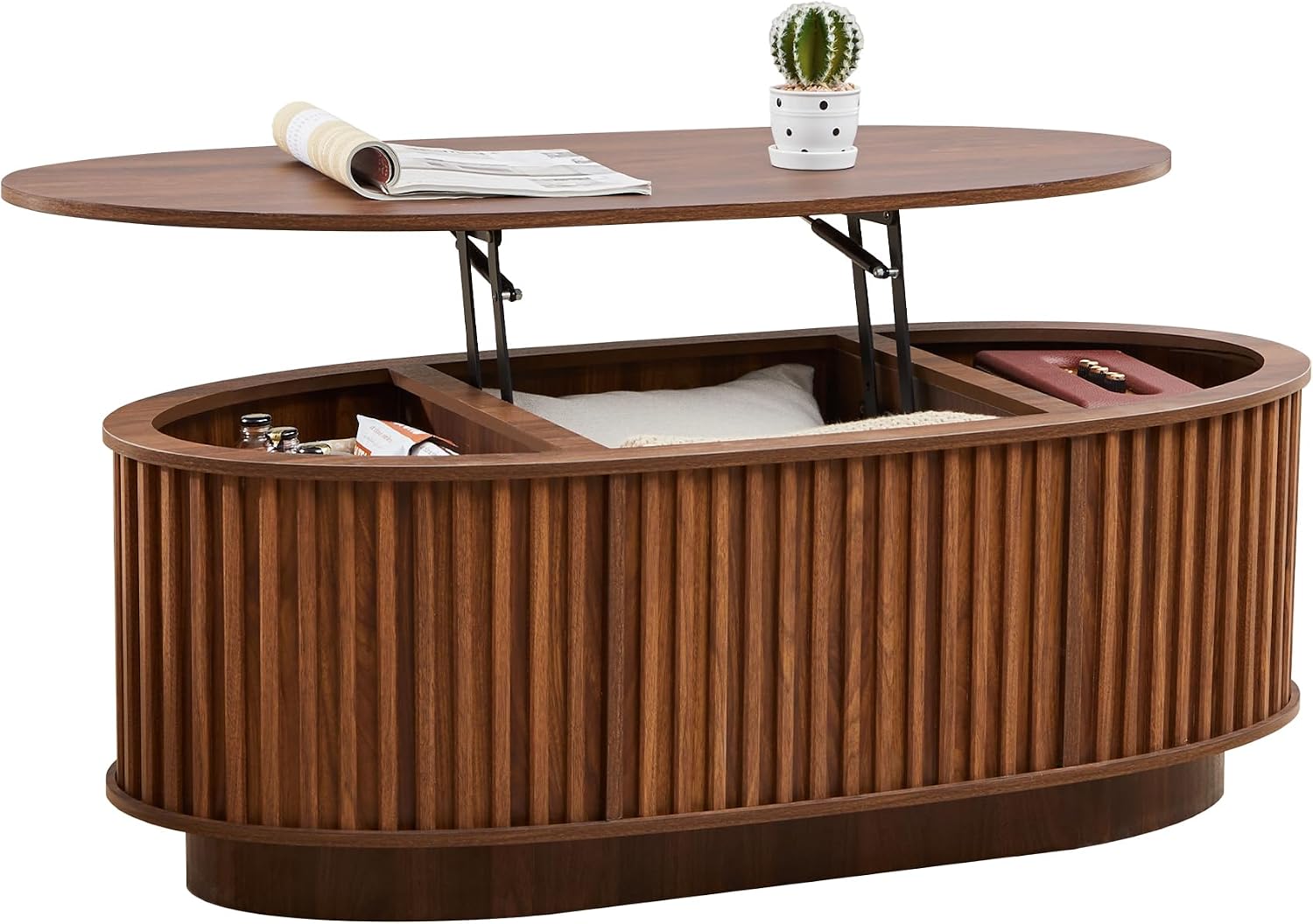 Oval Coffee Table, 43.3'' Fluted Lift Top Coffee Table with Hidden Storage Compartment, Mid Century Modern Dining Table Wooden Center Table for Living Room, Office, Small Spaces (Walnut)