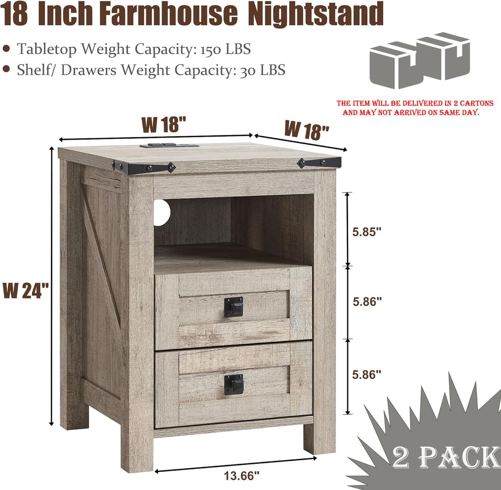 T4TREAM Farmhouse Nightstand Set of 2, Rustic End Table with 2 Drawers, Charging Station, Storage Open Shelf for Bedroom, Living Room, Wood Side Table, Light Rustic Oak